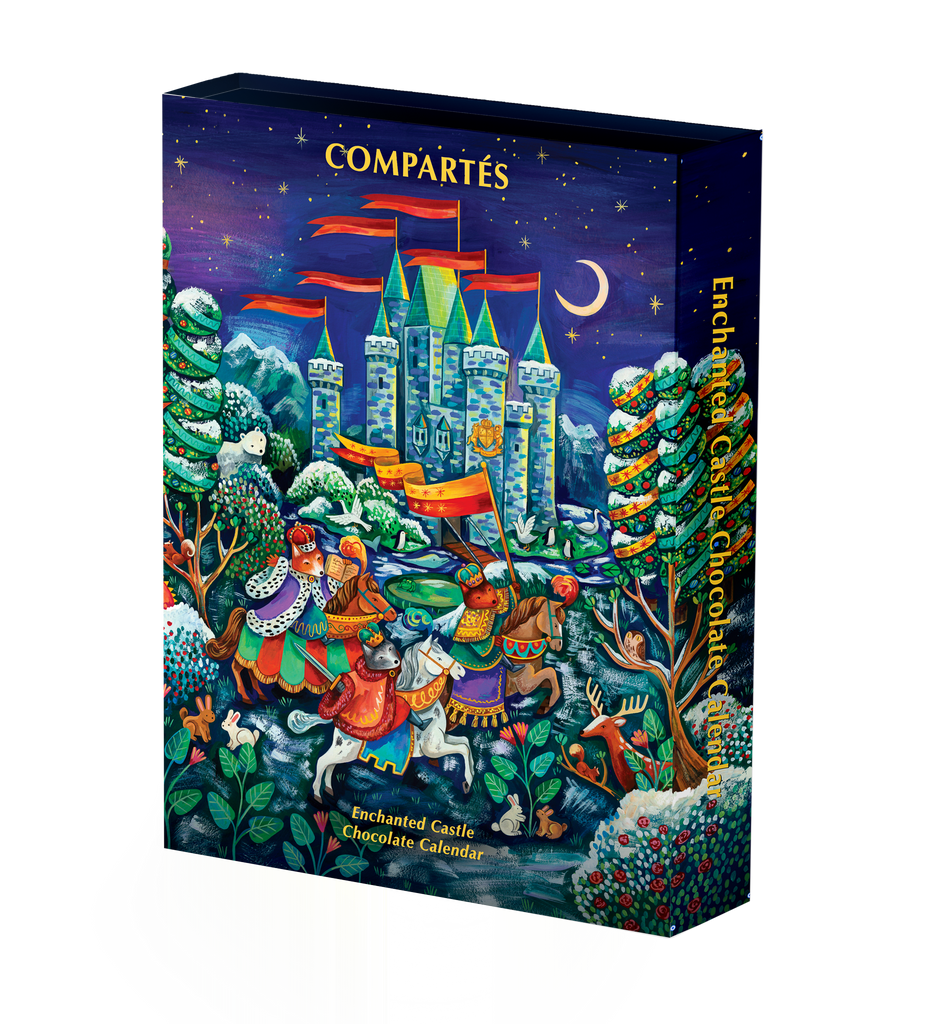 Compartes luxury chocolate advent calendar with an illustrated castle, riders on horseback and snowy pines on navy